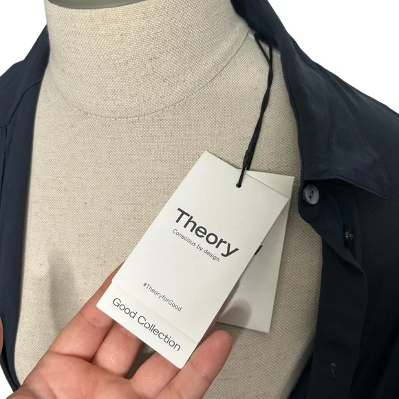 Theory Women's Navy Blue Silk Collared Button Front Mini Shirt Dress Size 0 - Picture 8 of 11